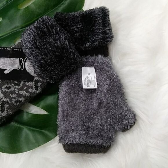 NWT Saachi Knit Gloves Half Gloves Thick Fur Inside No Finger Holes Dark Gray OS - Picture 5 of 7